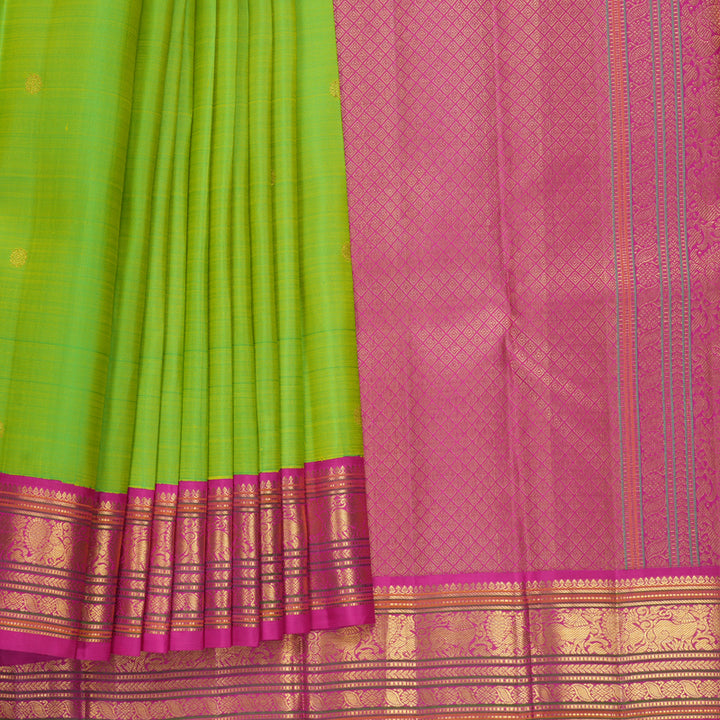 Hayagrivas Handloom Fluorescent Green Kanjivaram Silk Saree with Rani Pink Border KBF219E1-1