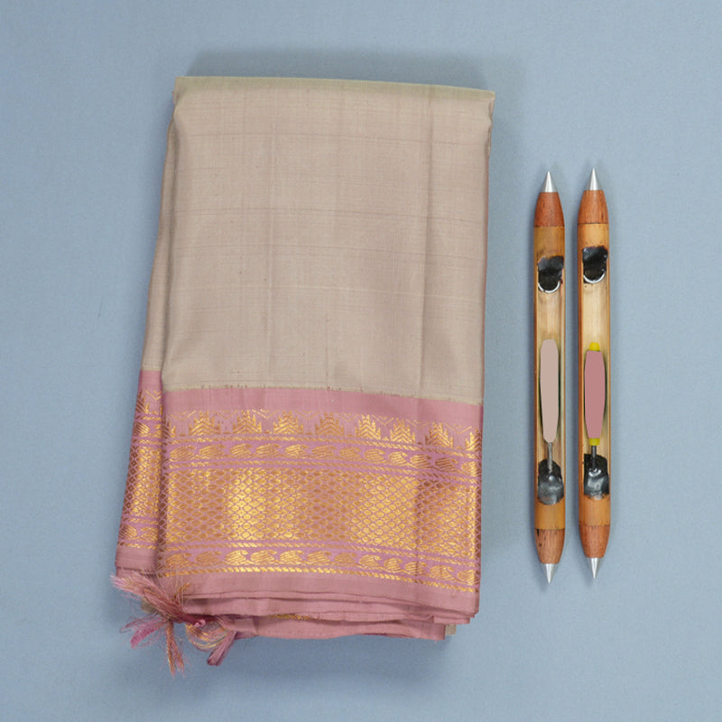 Hayagrivas Handloom Greige Kanjivaram Silk Saree with Onion Pink Border KBF220E2-1