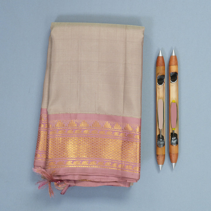 Hayagrivas Handloom Greige Kanjivaram Silk Saree with Onion Pink Border KBF220E2-1