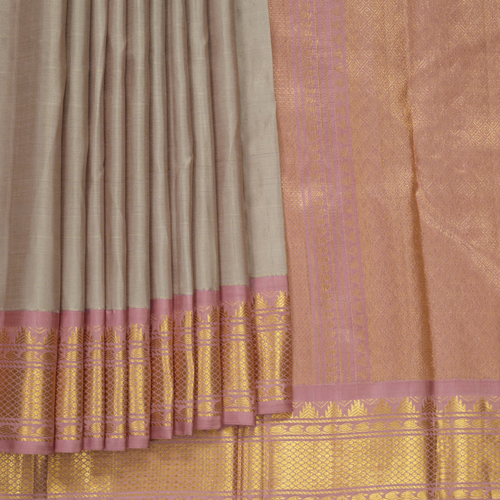 Hayagrivas Handloom Greige Kanjivaram Silk Saree with Onion Pink Border KBF220E2-1
