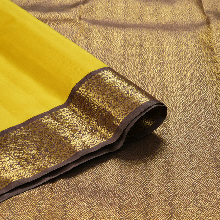 Hayagrivas Handloom Lemon Yellow Kanjivaram Silk Saree with Chocolate Brown Border KBF220E3-1