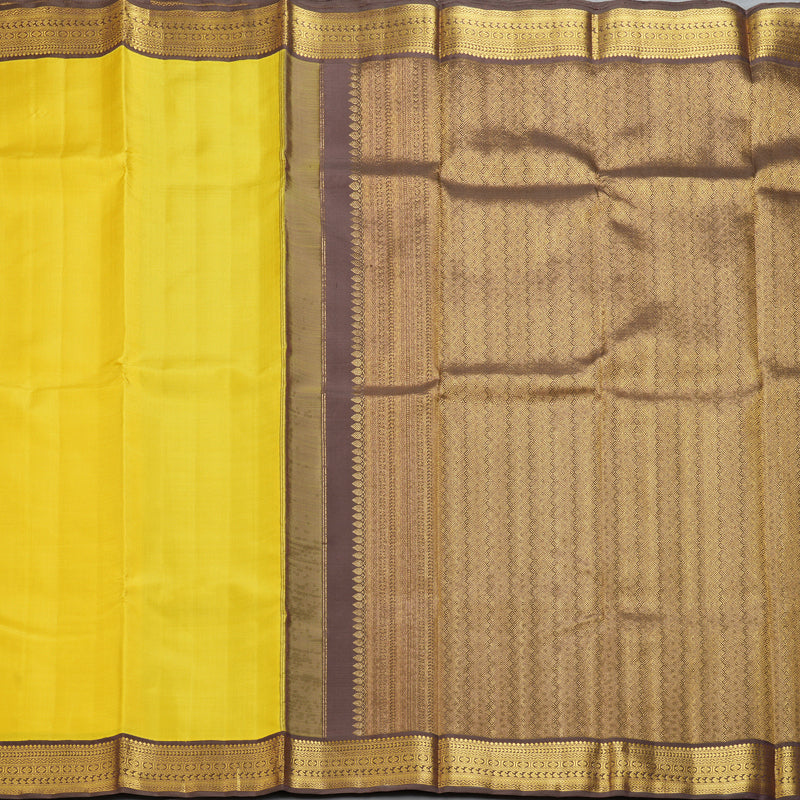 Hayagrivas Handloom Lemon Yellow Kanjivaram Silk Saree with Chocolate Brown Border KBF220E3-1