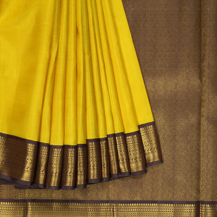 Hayagrivas Handloom Lemon Yellow Kanjivaram Silk Saree with Chocolate Brown Border KBF220E3-1