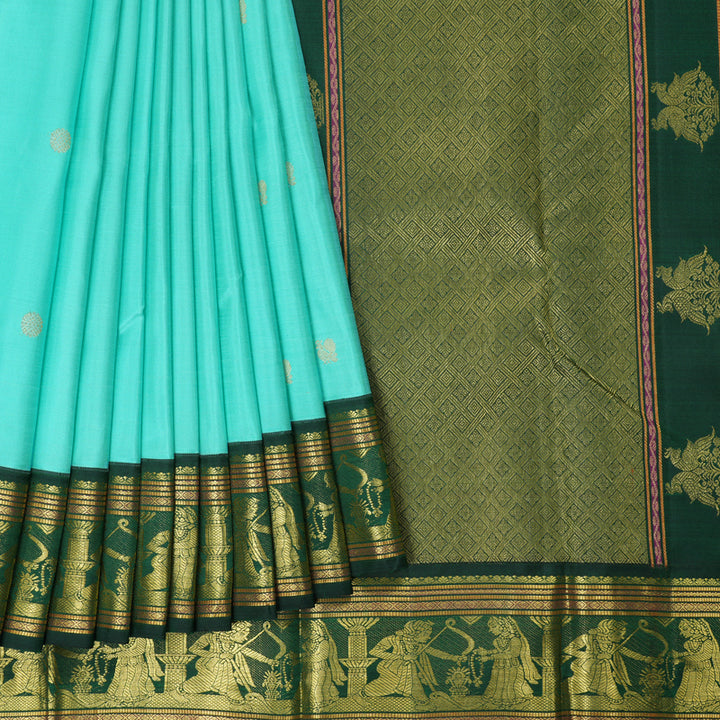 Hayagrivas Handloom Sea Blue Kanjivaram Silk Saree with Bottle Green Border KBF221E3-1