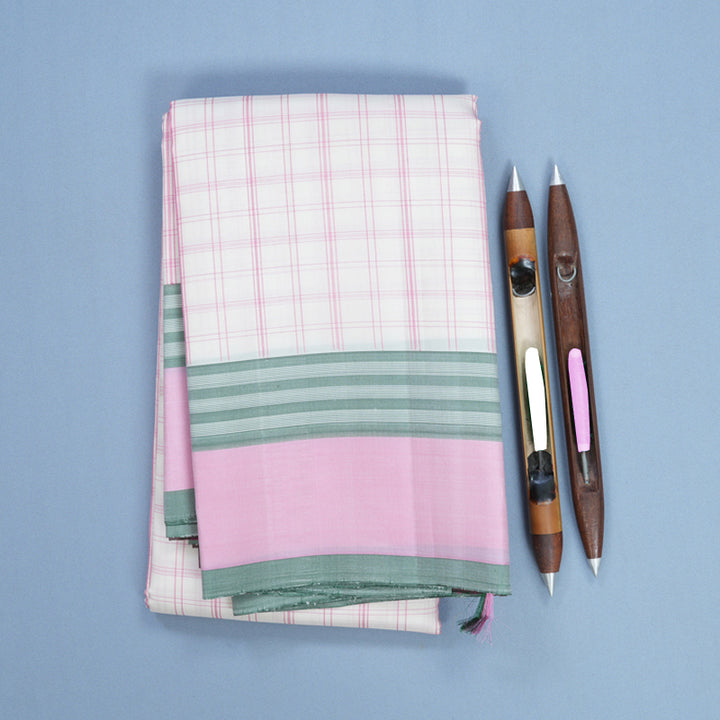 Hayagrivas Handloom Half-White Kanjivaram Silk Saree with Baby Pink Border KBF224E1-2
