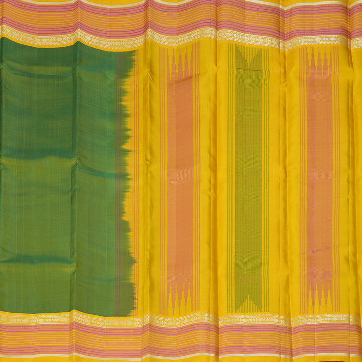 Hayagrivas Handloom Parrot Green Kanjivaram Silk Saree with Yellow Border KBF224E2-1