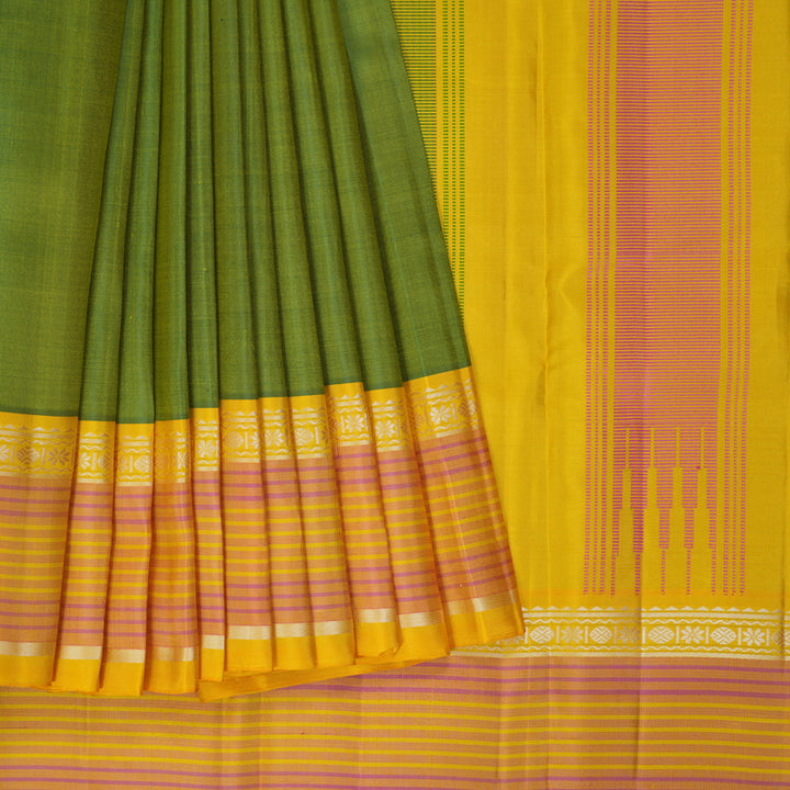 Hayagrivas Handloom Parrot Green Kanjivaram Silk Saree with Yellow Border KBF224E2-1
