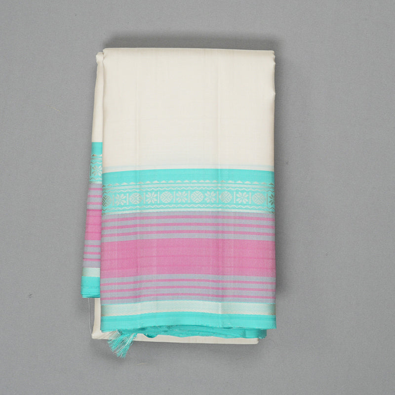Hayagrivas Handloom Half-White Kanjivaram Silk Saree with Bright Teal Border KBF224E2-5