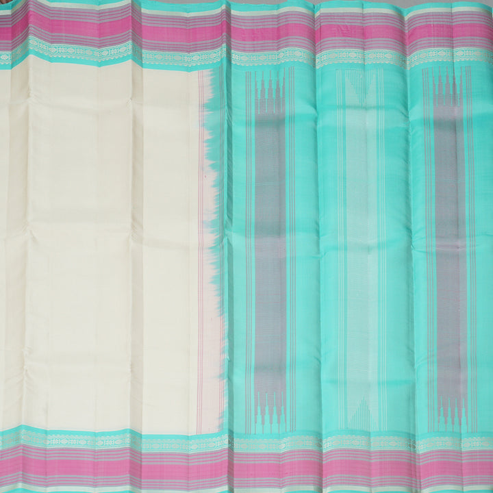 Hayagrivas Handloom Half-White Kanjivaram Silk Saree with Bright Teal Border KBF224E2-5