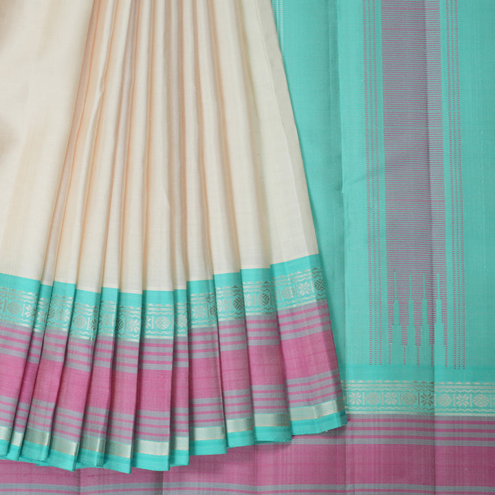 Hayagrivas Handloom Half-White Kanjivaram Silk Saree with Bright Teal Border KBF224E2-5