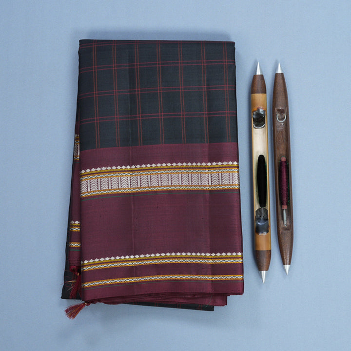Hayagrivas Handloom Black Kanjivaram Silk Saree with Deep Maroon Border KBF224E8-1