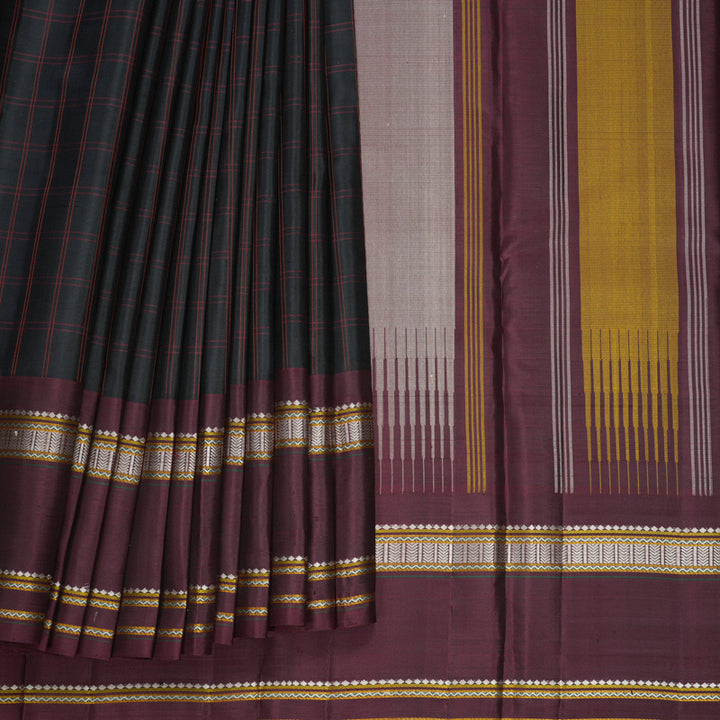 Hayagrivas Handloom Black Kanjivaram Silk Saree with Deep Maroon Border KBF224E8-1