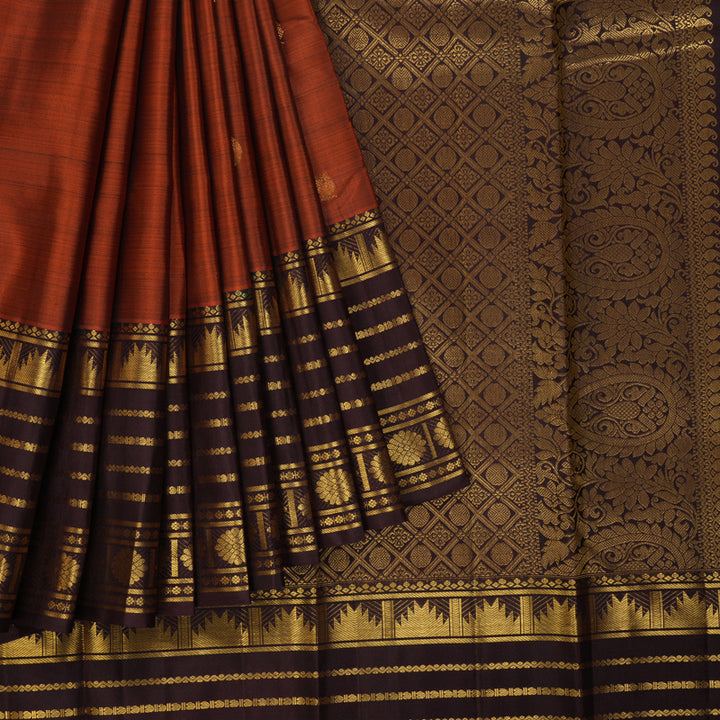 Hayagrivas Handloom Rust Orange Kanjivaram Silk Saree with Coffee Brown Border KBF227E2-1