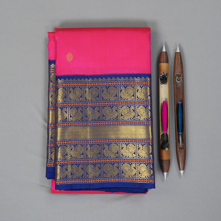 Hayagrivas Handloom Rani Pink Kanjivaram Silk Saree with Blue Border KBF228E7-1