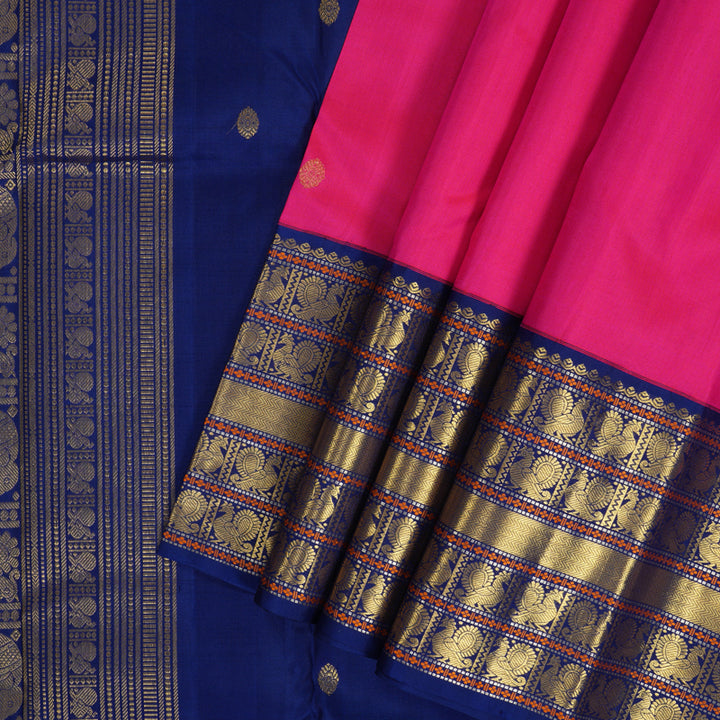 Hayagrivas Handloom Rani Pink Kanjivaram Silk Saree with Blue Border KBF228E7-1