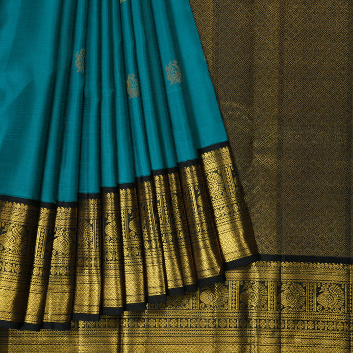 Hayagrivas Handloom Teal Blue Kanjivaram Silk Saree with Black Border KBF238E1-2