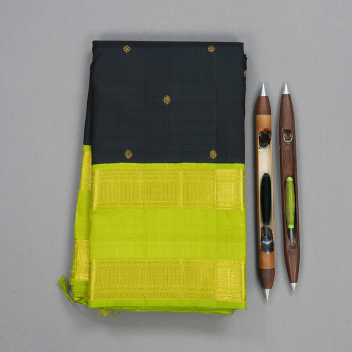 Hayagrivas Handloom Black Kanjivaram Silk Saree with Parrot Green Border KBF243E4-1