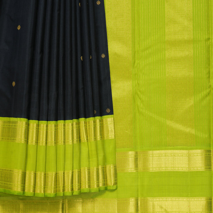 Hayagrivas Handloom Black Kanjivaram Silk Saree with Parrot Green Border KBF243E4-1