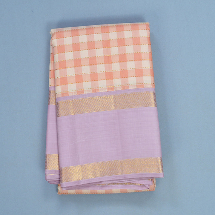 Hayagrivas Handloom Cream &amp; Peach Checks Kanjivaram Silk Saree KBF244E3-1