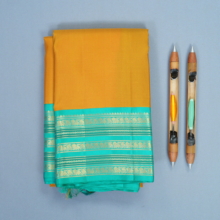Hayagrivas Handloom Mustard Yellow Kanjivaram Silk Saree with Sea Blue Border KBF245E16-1