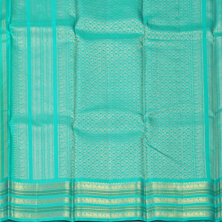 Hayagrivas Handloom Mustard Yellow Kanjivaram Silk Saree with Sea Blue Border KBF245E16-1