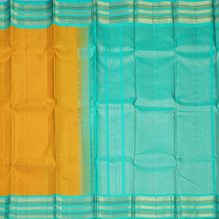Hayagrivas Handloom Mustard Yellow Kanjivaram Silk Saree with Sea Blue Border KBF245E16-1