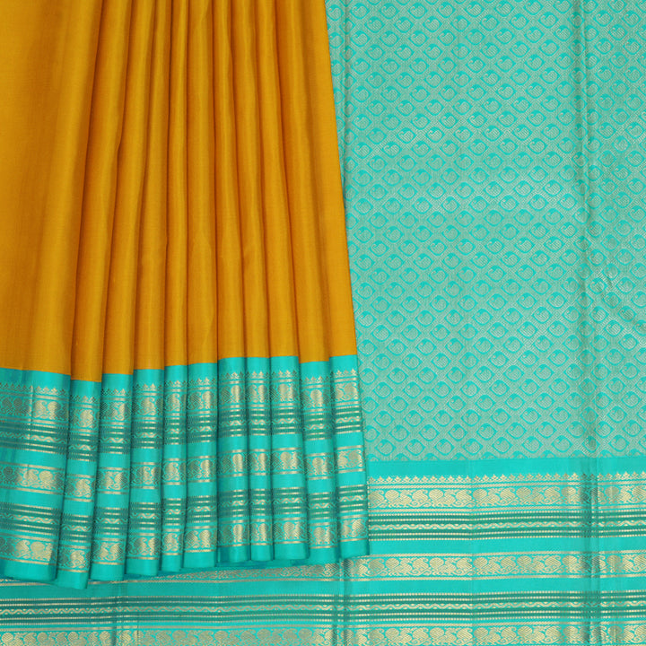 Hayagrivas Handloom Mustard Yellow Kanjivaram Silk Saree with Sea Blue Border KBF245E16-1