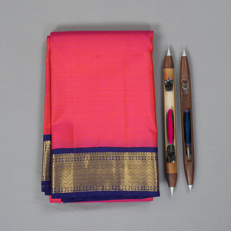 Hayagrivas Handloom Pinkish-Orange Kanjivaram Silk Saree with Dark Blue Border KBF246E1-11