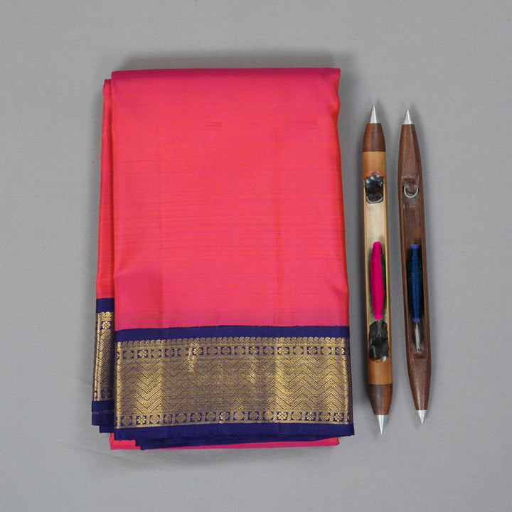 Hayagrivas Handloom Pinkish-Orange Kanjivaram Silk Saree with Dark Blue Border KBF246E1-11