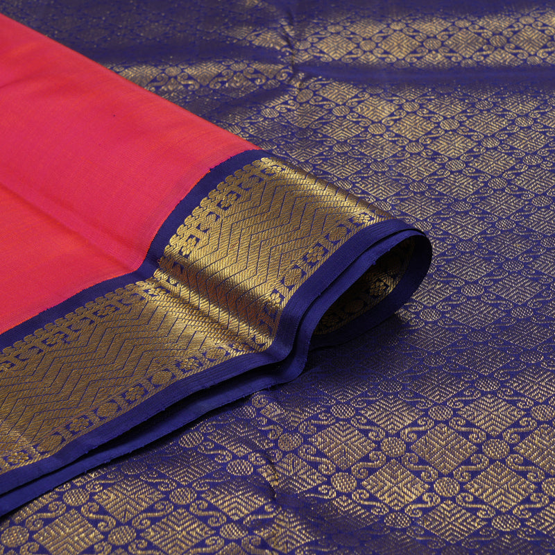 Hayagrivas Handloom Pinkish-Orange Kanjivaram Silk Saree with Dark Blue Border KBF246E1-11