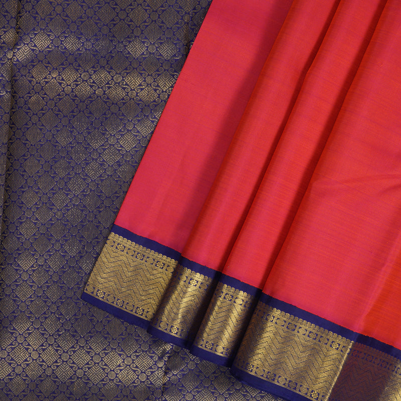 Hayagrivas Handloom Pinkish-Orange Kanjivaram Silk Saree with Dark Blue Border KBF246E1-11