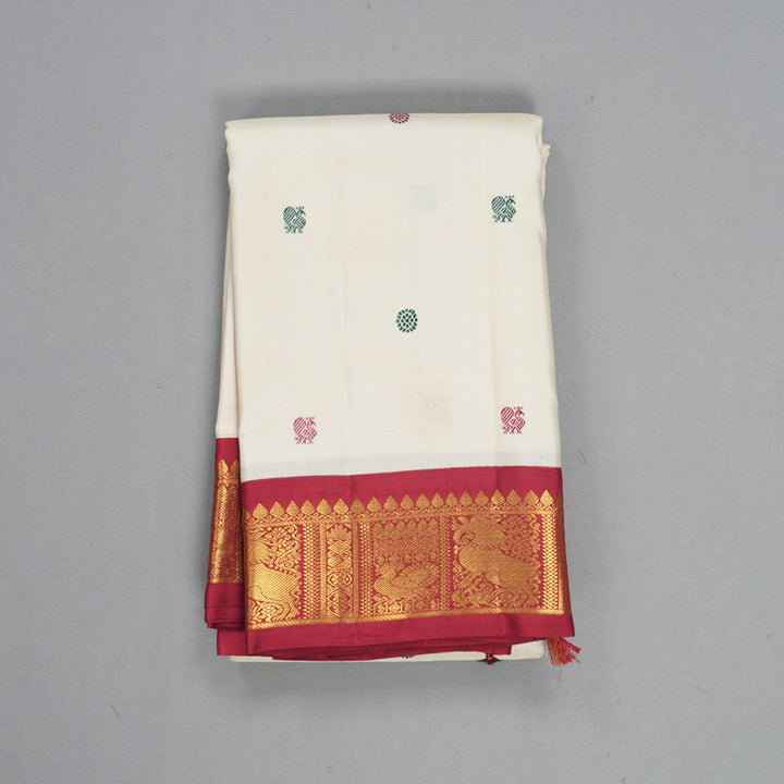 Hayagrivas Handloom Half-White Kanjivaram Silk Saree with Maroon Border KBF246E2-2