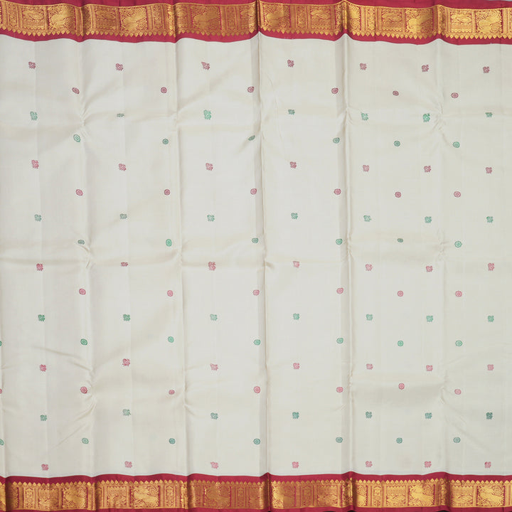 Hayagrivas Handloom Half-White Kanjivaram Silk Saree with Maroon Border KBF246E2-2