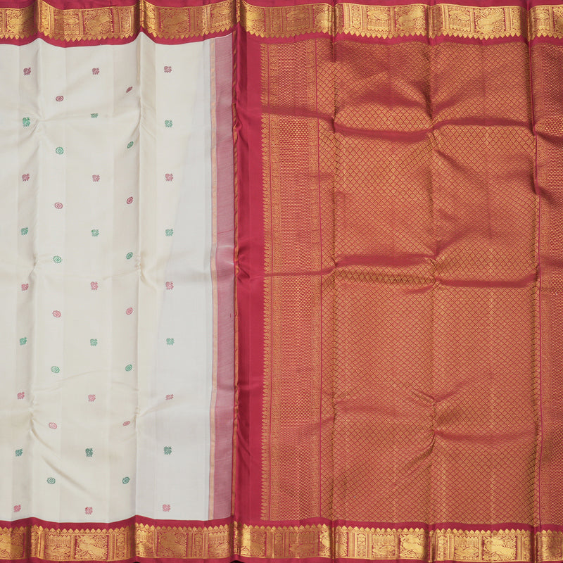 Hayagrivas Handloom Half-White Kanjivaram Silk Saree with Maroon Border KBF246E2-2