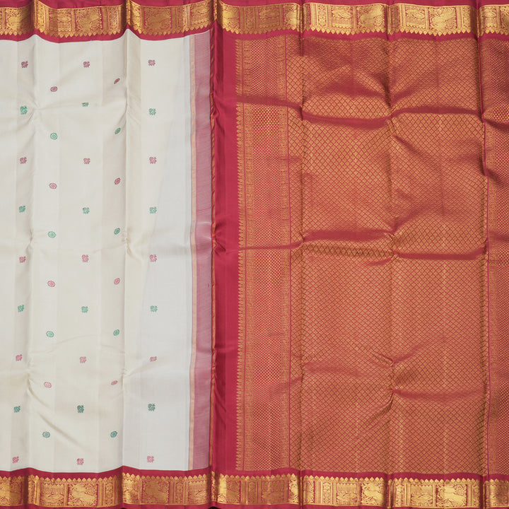 Hayagrivas Handloom Half-White Kanjivaram Silk Saree with Maroon Border KBF246E2-2