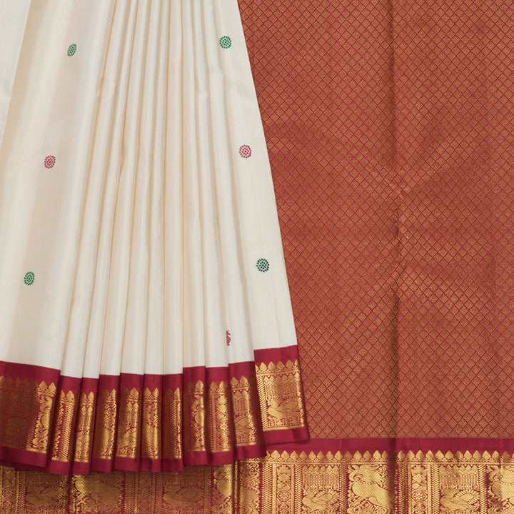 Hayagrivas Handloom Half-White Kanjivaram Silk Saree with Maroon Border KBF246E2-2