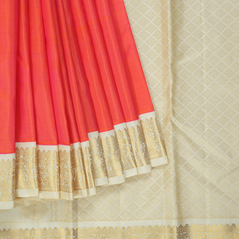 Hayagrivas Handloom Orangish-Pink Kanjivaram Silk Saree with Half-White Border KBF246E2-8