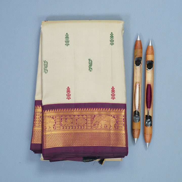 Hayagrivas Handloom Creamy Ivory Kanjivaram Silk Saree with Purple Border KBF246E3-1