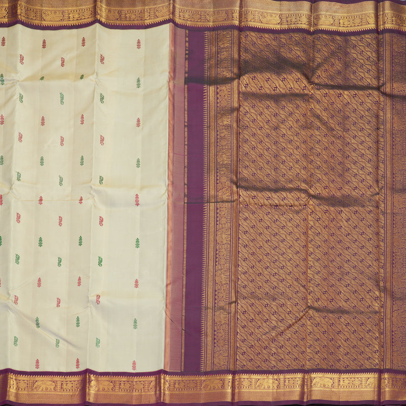 Hayagrivas Handloom Creamy Ivory Kanjivaram Silk Saree with Purple Border KBF246E3-1