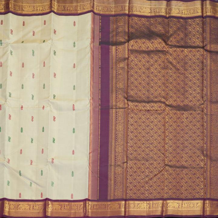 Hayagrivas Handloom Creamy Ivory Kanjivaram Silk Saree with Purple Border KBF246E3-1