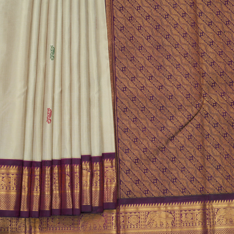 Hayagrivas Handloom Creamy Ivory Kanjivaram Silk Saree with Purple Border KBF246E3-1