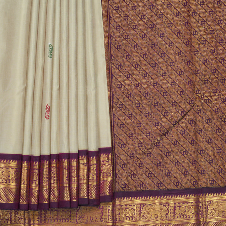 Hayagrivas Handloom Creamy Ivory Kanjivaram Silk Saree with Purple Border KBF246E3-1