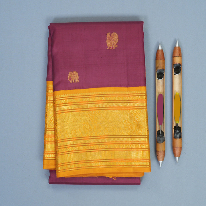 Hayagrivas Handloom Pinkish-Maroon Kanjivaram Silk Saree with Mustard Yellow Border KBF246E6-1