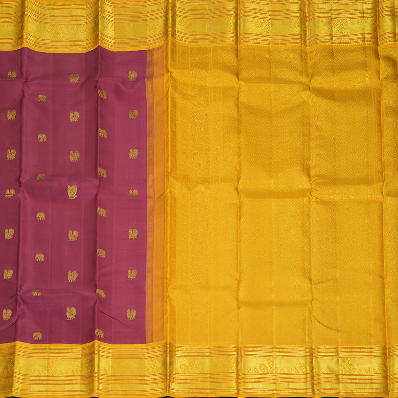 Hayagrivas Handloom Pinkish-Maroon Kanjivaram Silk Saree with Mustard Yellow Border KBF246E6-1