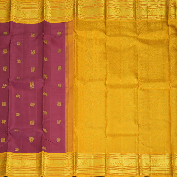 Hayagrivas Handloom Pinkish-Maroon Kanjivaram Silk Saree with Mustard Yellow Border KBF246E6-1