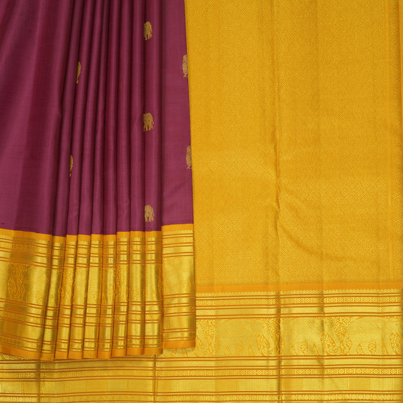 Hayagrivas Handloom Pinkish-Maroon Kanjivaram Silk Saree with Mustard Yellow Border KBF246E6-1