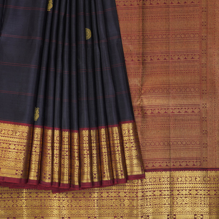 Hayagrivas Handloom Deep Jamun Kanjivaram Silk Saree with Maroon Border KBF247E2-1