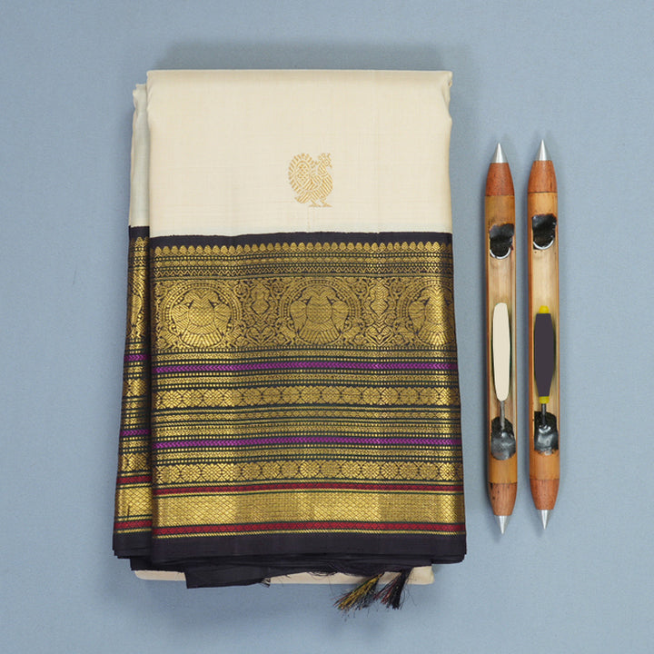 Hayagrivas Handloom Half-White Kanjivaram Silk Saree with Deep Jamun Border KBF247E5-1