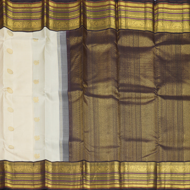 Hayagrivas Handloom Half-White Kanjivaram Silk Saree with Deep Jamun Border KBF247E5-1