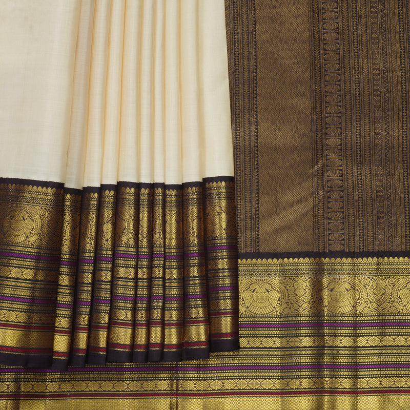 Hayagrivas Handloom Half-White Kanjivaram Silk Saree with Deep Jamun Border KBF247E5-1